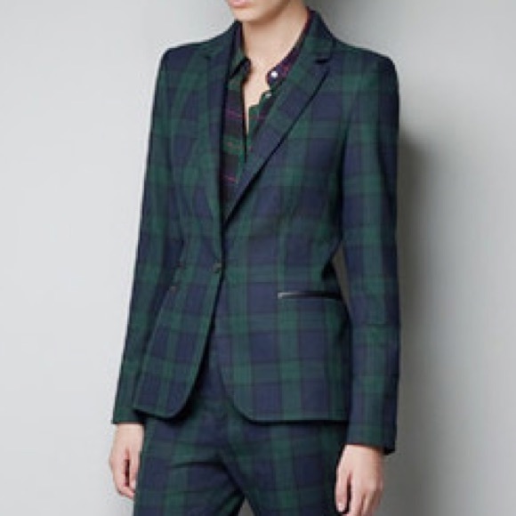 Green and blue plaid blazer Clearance